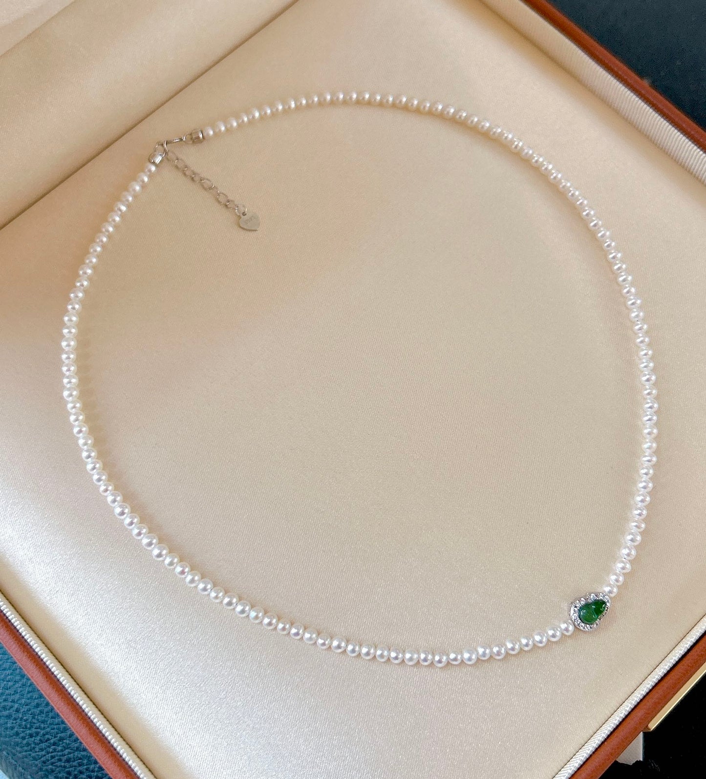 Glacier blue jade gourd pearl necklace with freshwater pearls and sterling silver chain
