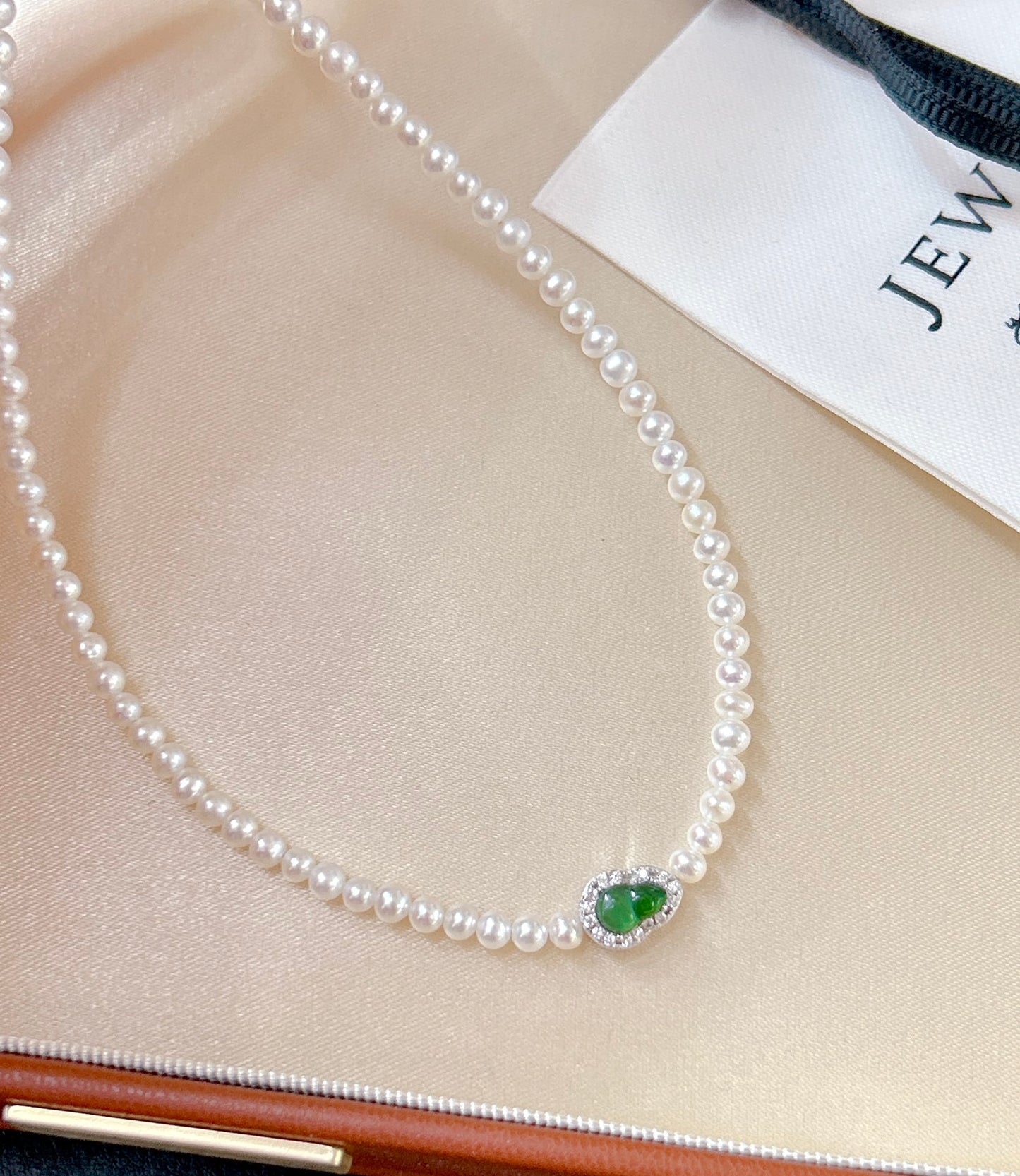 Glacier blue jade gourd pearl necklace with freshwater pearls and sterling silver chain