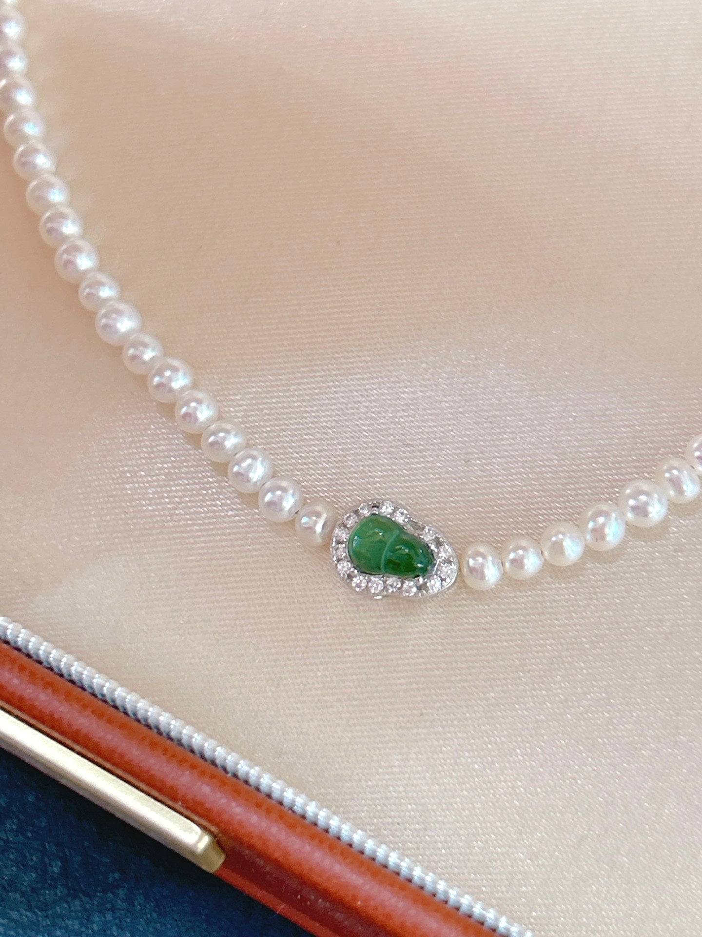 Glacier blue jade gourd pearl necklace with freshwater pearls and sterling silver chain