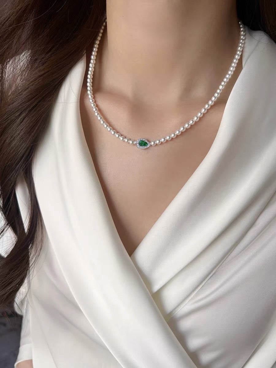 Glacier blue jade gourd pearl necklace with freshwater pearls and sterling silver chain