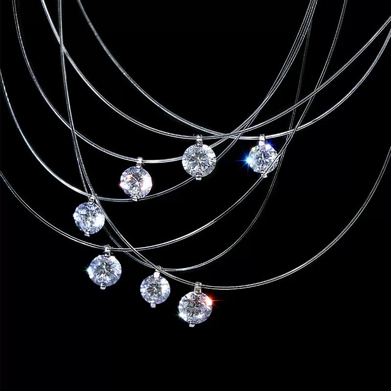 Mermaid-inspired necklace with fiery zircon on invisible nylon thread