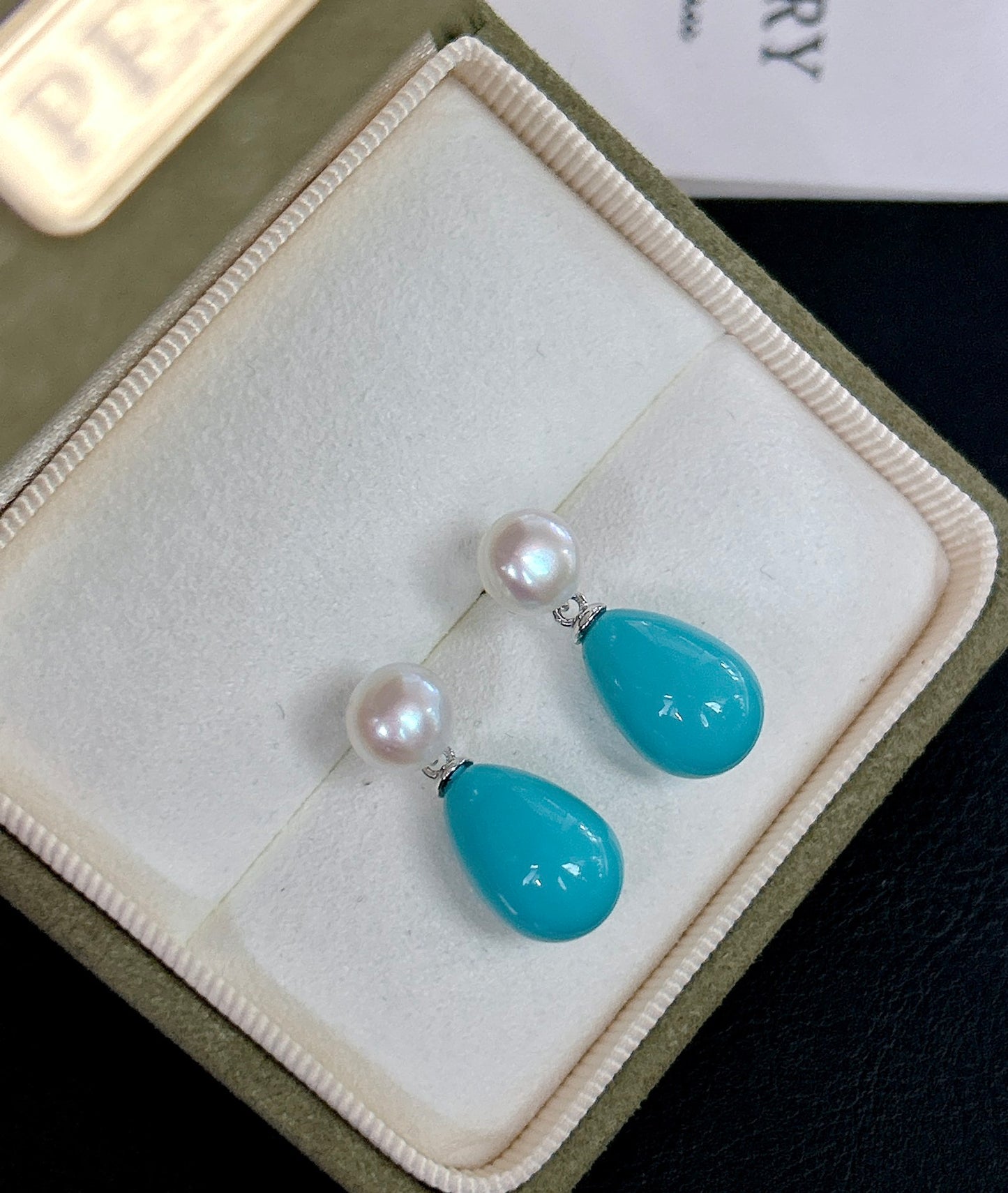 Turquoise and freshwater pearl stud earrings with sterling silver backing