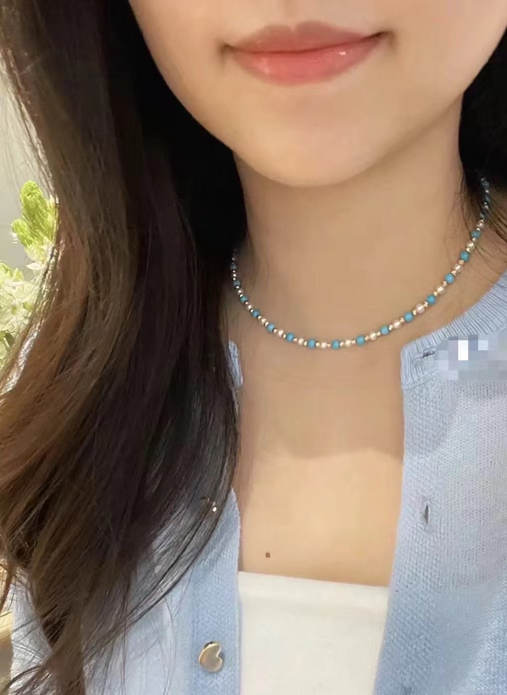 Turquoise and freshwater pearl necklace with summer tones, elegant and stylish
