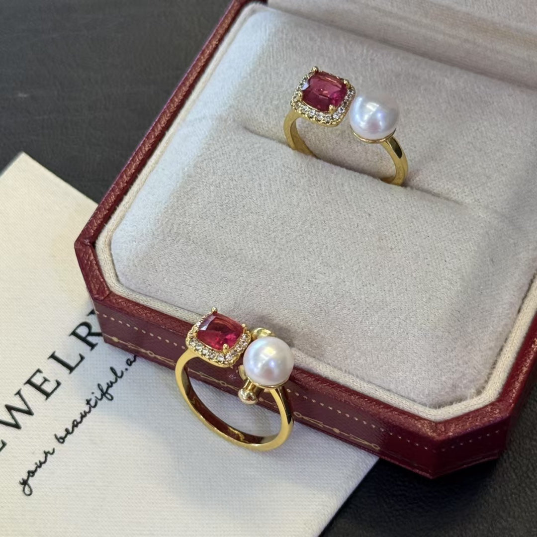 Ruby-inspired gold ring with a freshwater pearl centerpiece