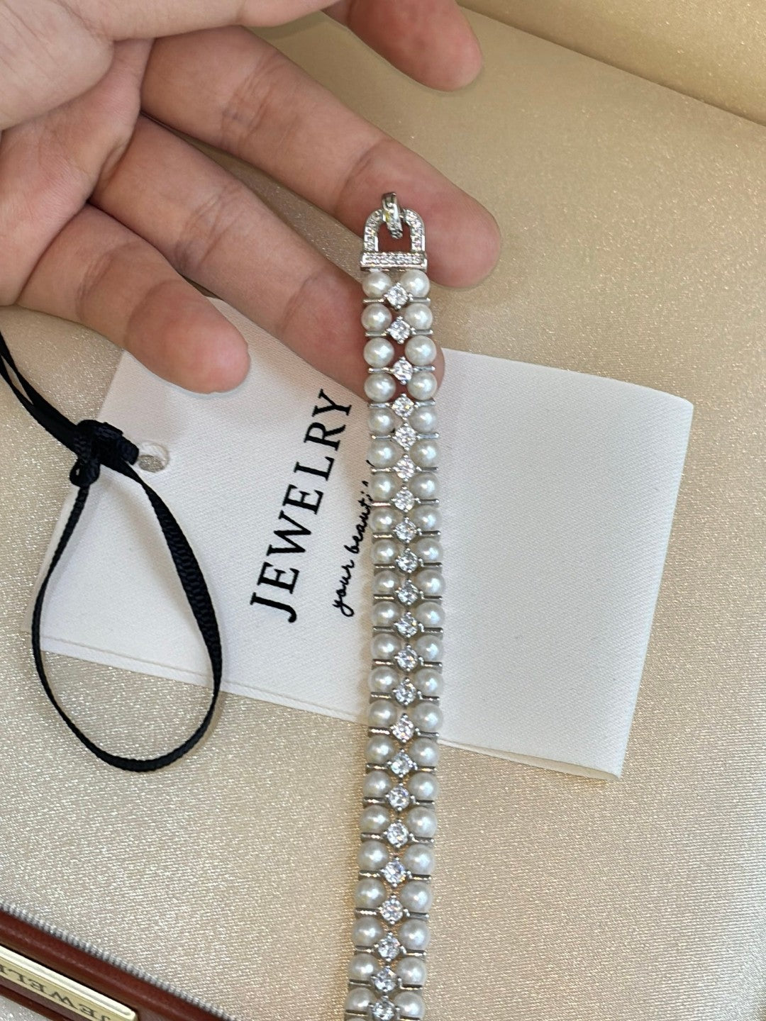 Double row freshwater pearl bracelet with zircon and custom clasp