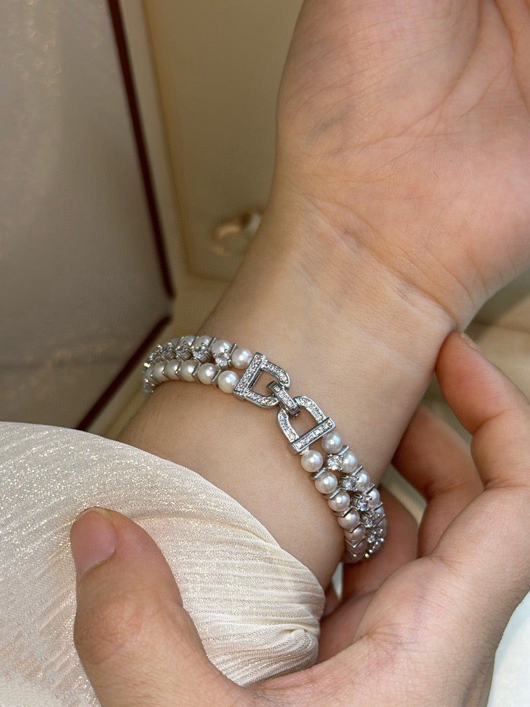 Double row freshwater pearl bracelet with zircon and custom clasp