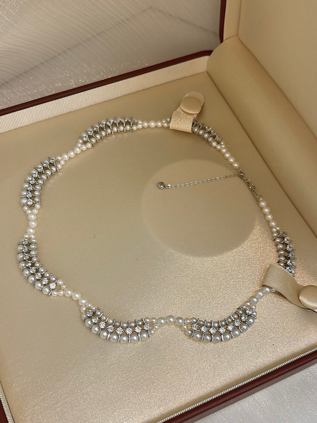 Handmade floral wave pearl necklace with small freshwater pearls