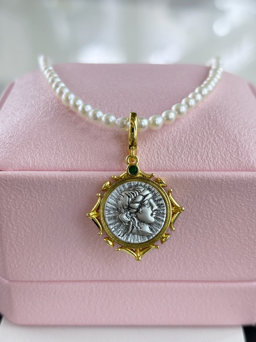 Roman goddess coin necklace with 3–4mm baby freshwater pearls and universal clasp