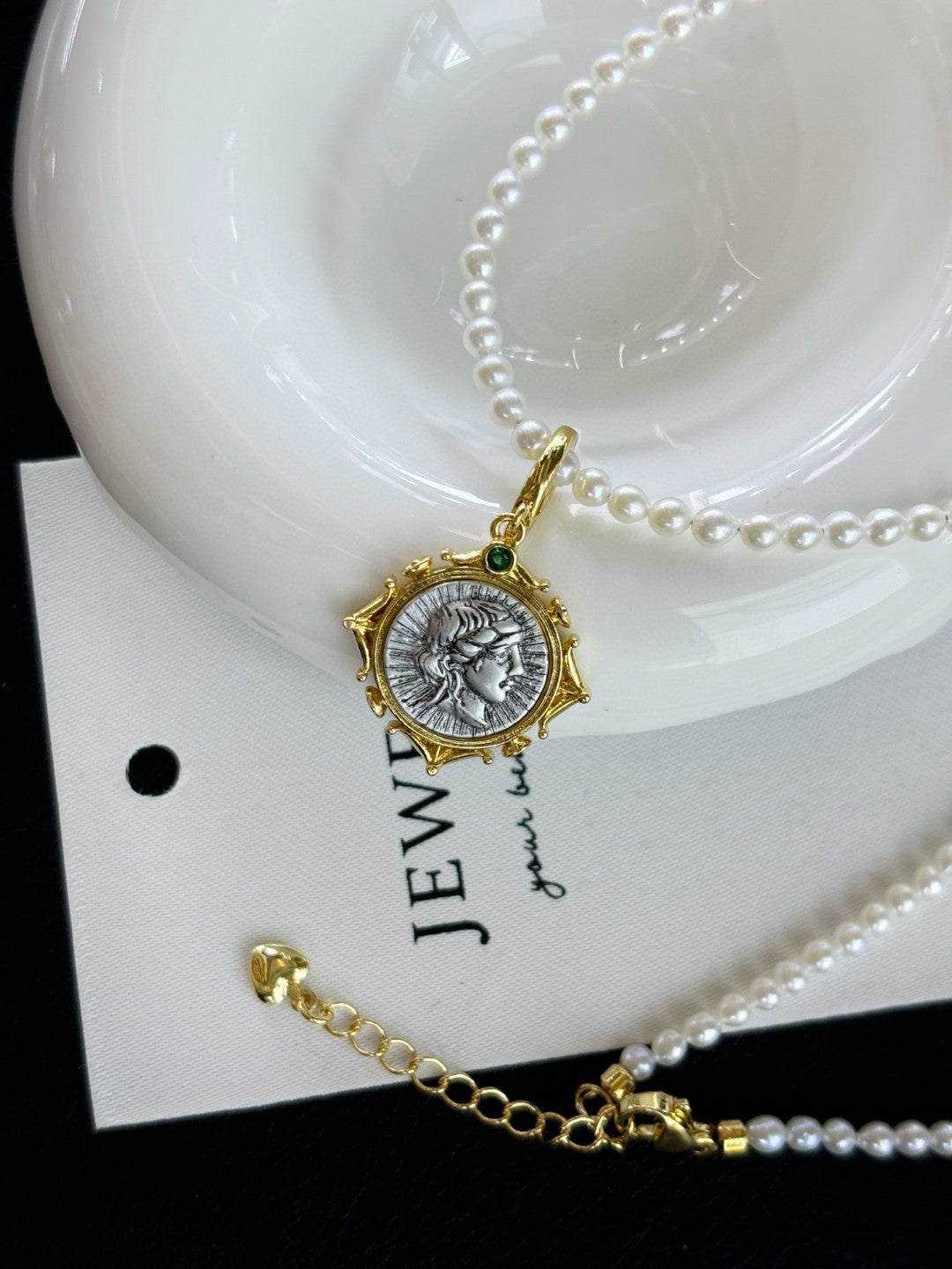 Roman goddess coin necklace with 3–4mm baby freshwater pearls and universal clasp