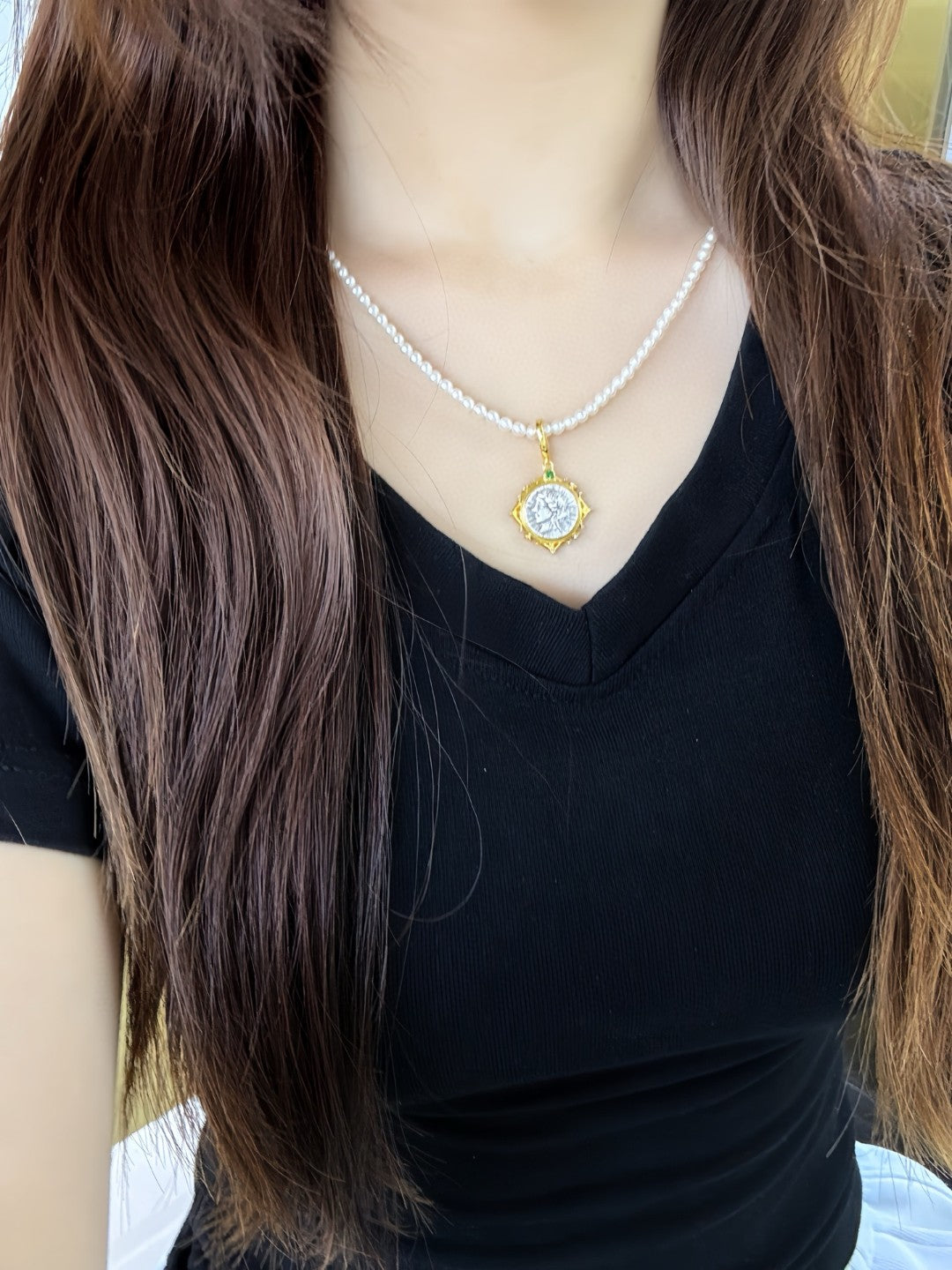 Roman goddess coin necklace with 3–4mm baby freshwater pearls and universal clasp