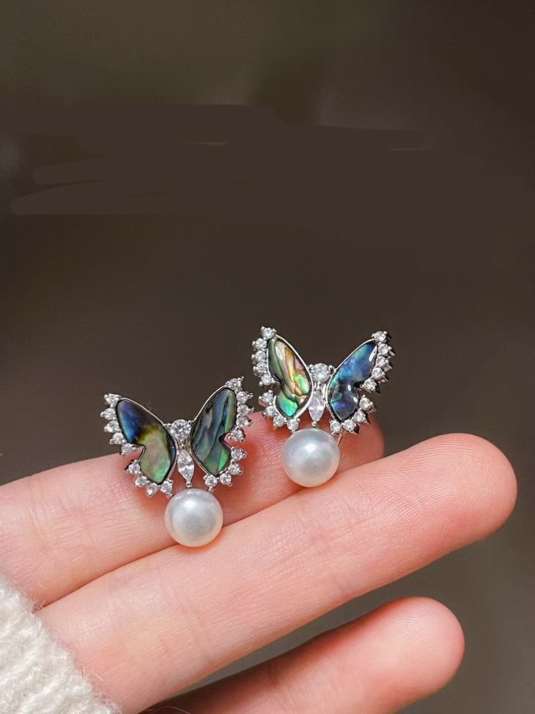 Abalone butterfly earrings with freshwater pearls on silver studs