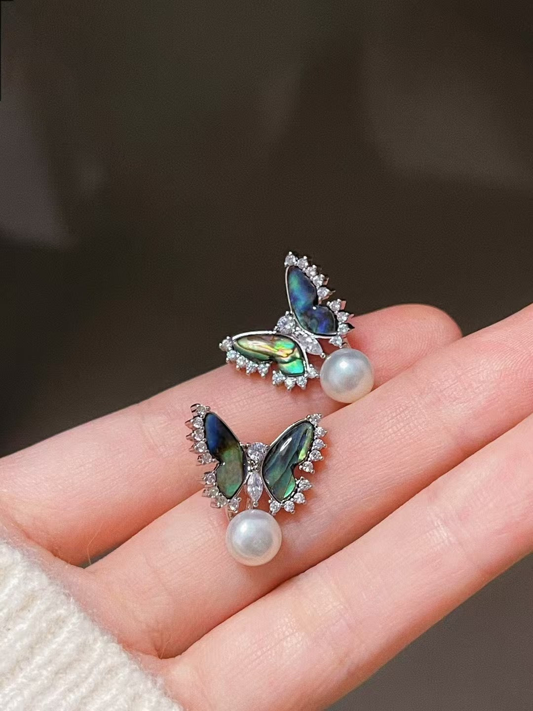 Abalone butterfly earrings with freshwater pearls on silver studs