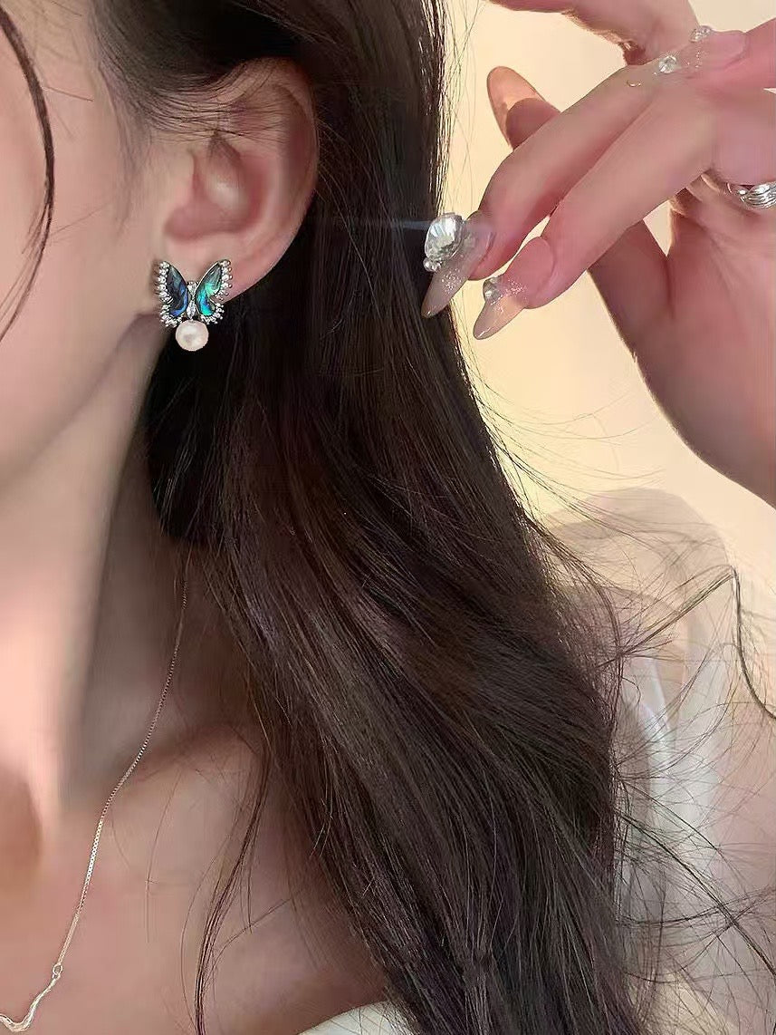 Abalone butterfly earrings with freshwater pearls on silver studs