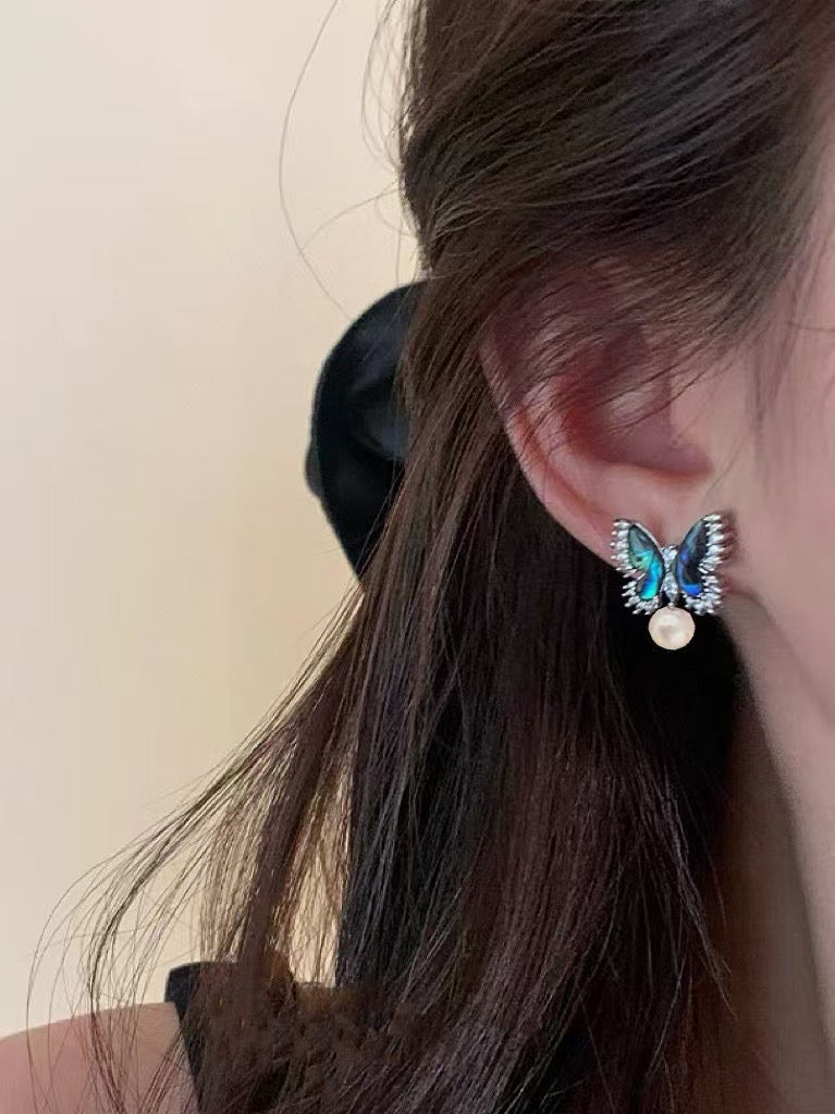 Abalone butterfly earrings with freshwater pearls on silver studs
