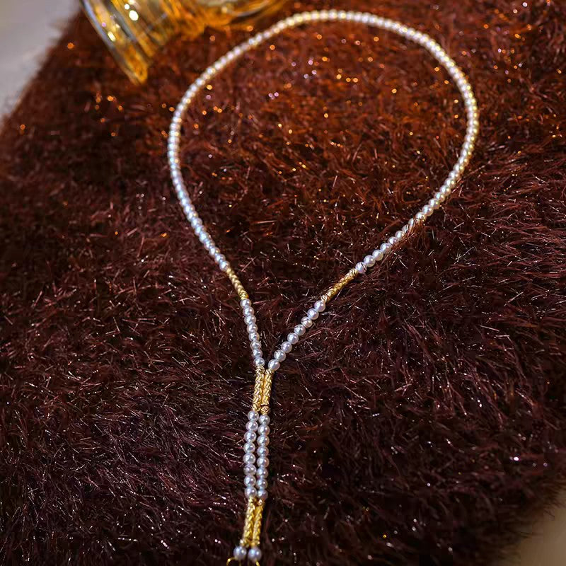 Convertible magnetic pearl necklace with bamboo-textured gold links and baby freshwater pearls