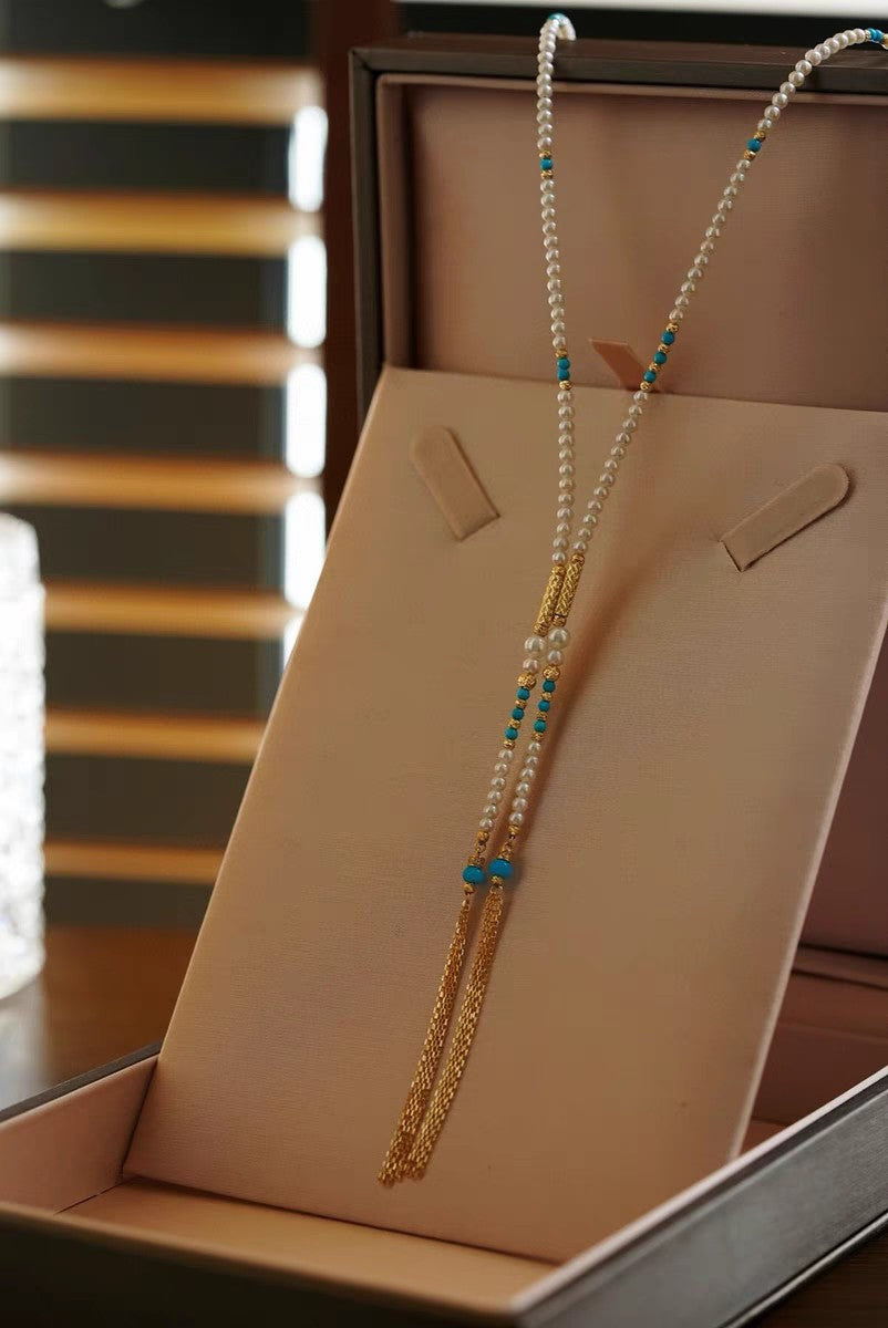 Convertible magnetic pearl necklace with bamboo-textured gold links and baby freshwater pearls