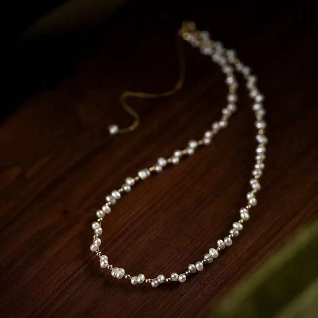 Celestial Halo pearl choker necklace inspired by 钟倾城, featuring 3-4mm natural freshwater pearls in a stardust woven design
