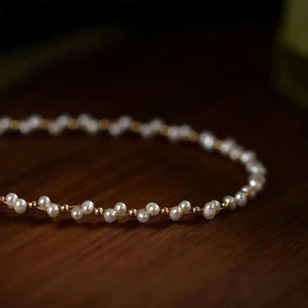 Celestial Halo pearl choker necklace inspired by 钟倾城, featuring 3-4mm natural freshwater pearls in a stardust woven design