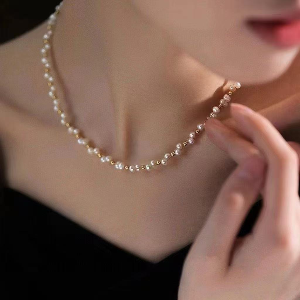 Celestial Halo pearl choker necklace inspired by 钟倾城, featuring 3-4mm natural freshwater pearls in a stardust woven design