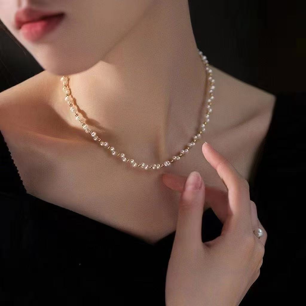 Celestial Halo pearl choker necklace inspired by 钟倾城, featuring 3-4mm natural freshwater pearls in a stardust woven design