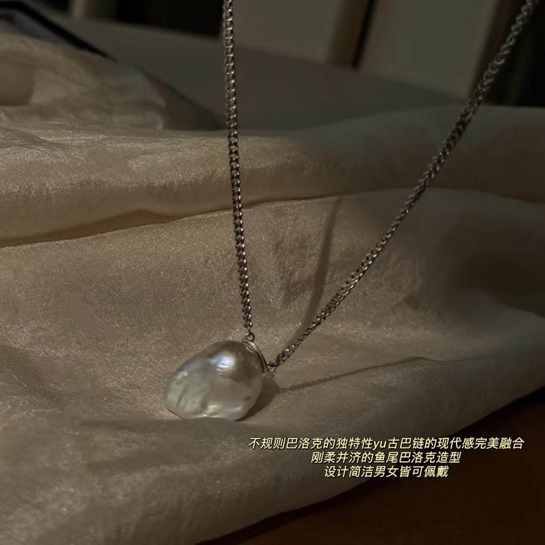 Fashion-forward Cuban chain necklace with natural baroque pearl pendant, white gold thick plating with lasting shine