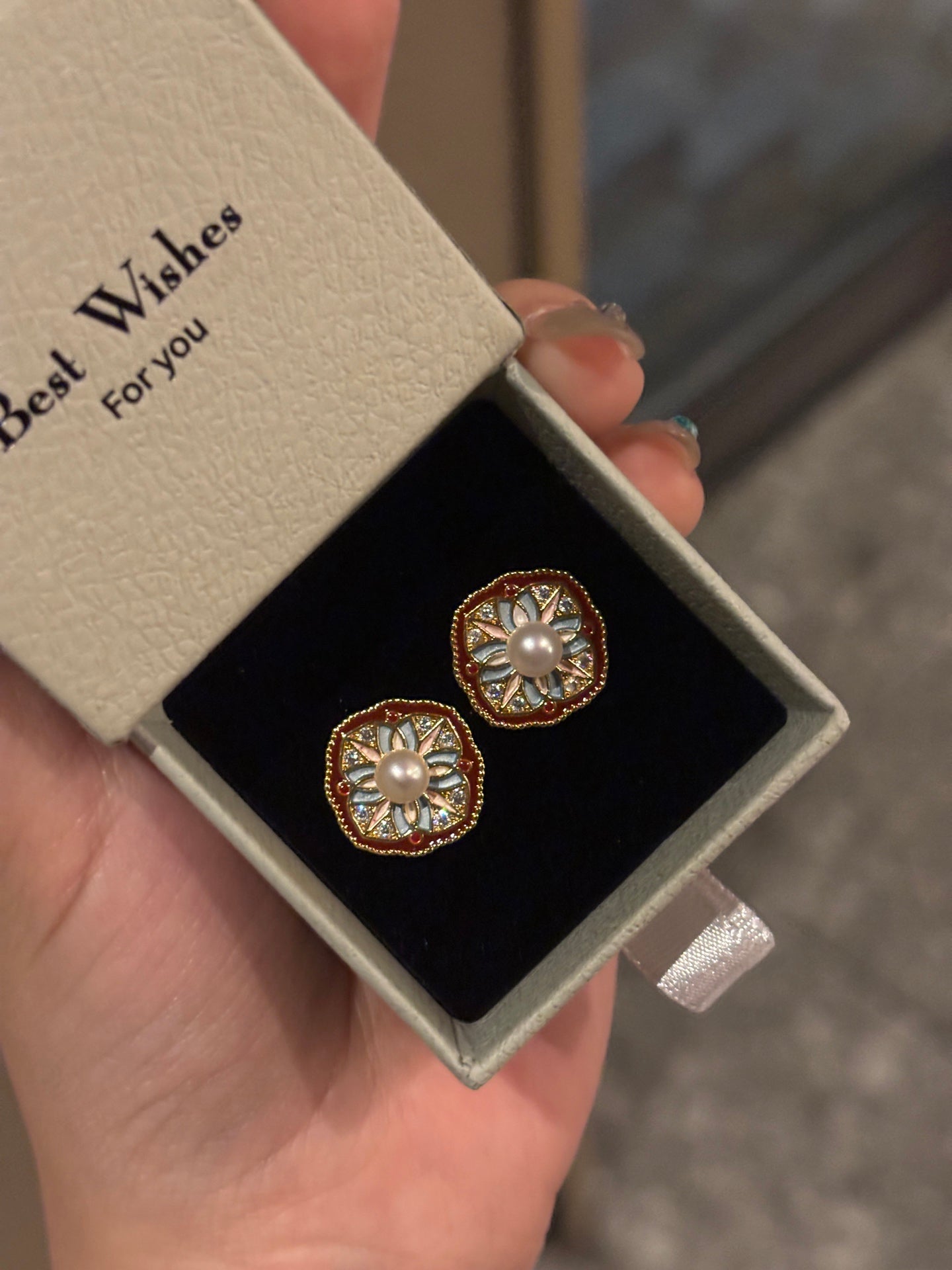 Vintage-style Monet garden enamel earrings with 4-5mm freshwater pearls and sterling silver posts