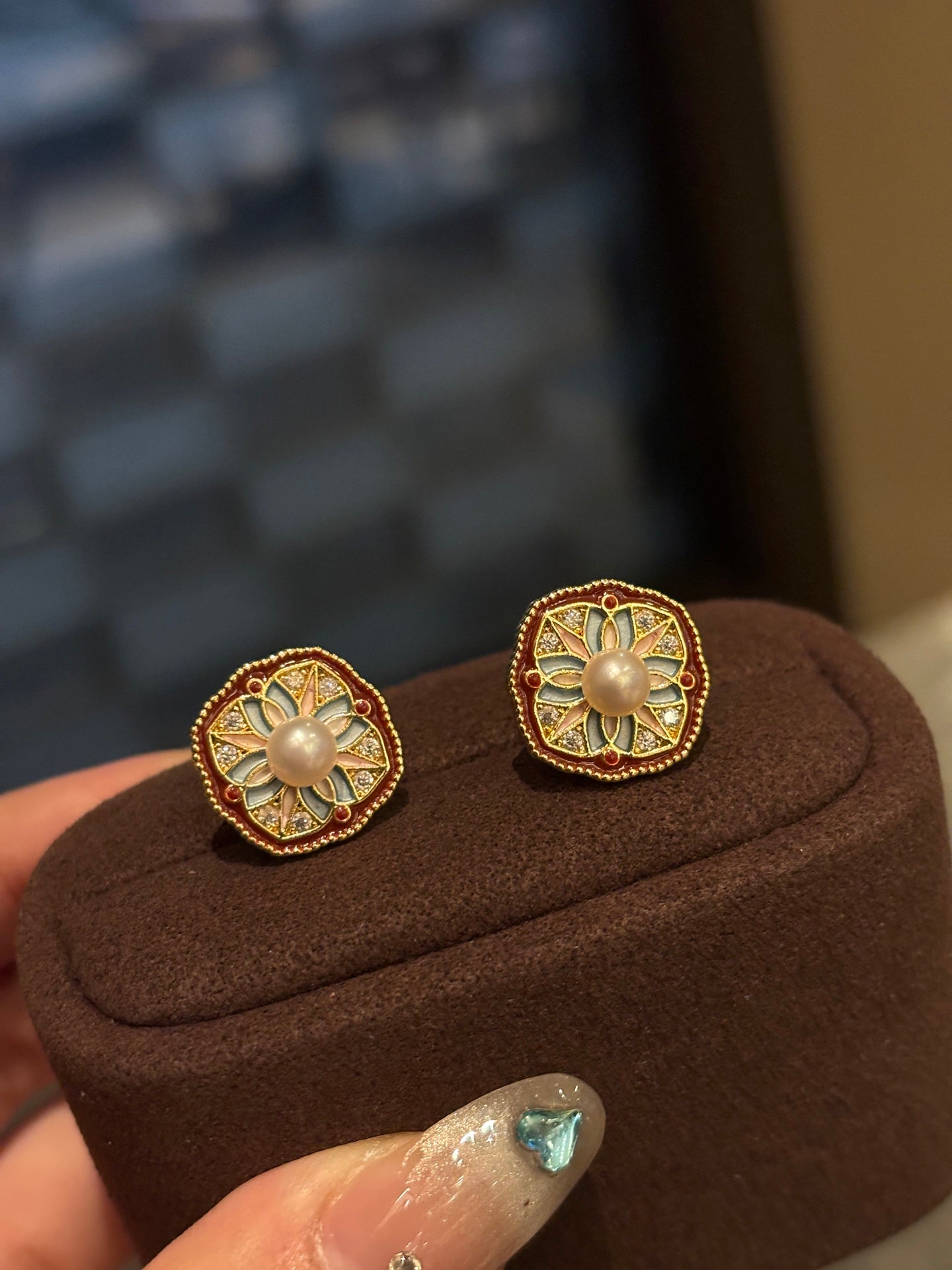 Vintage-style Monet garden enamel earrings with 4-5mm freshwater pearls and sterling silver posts