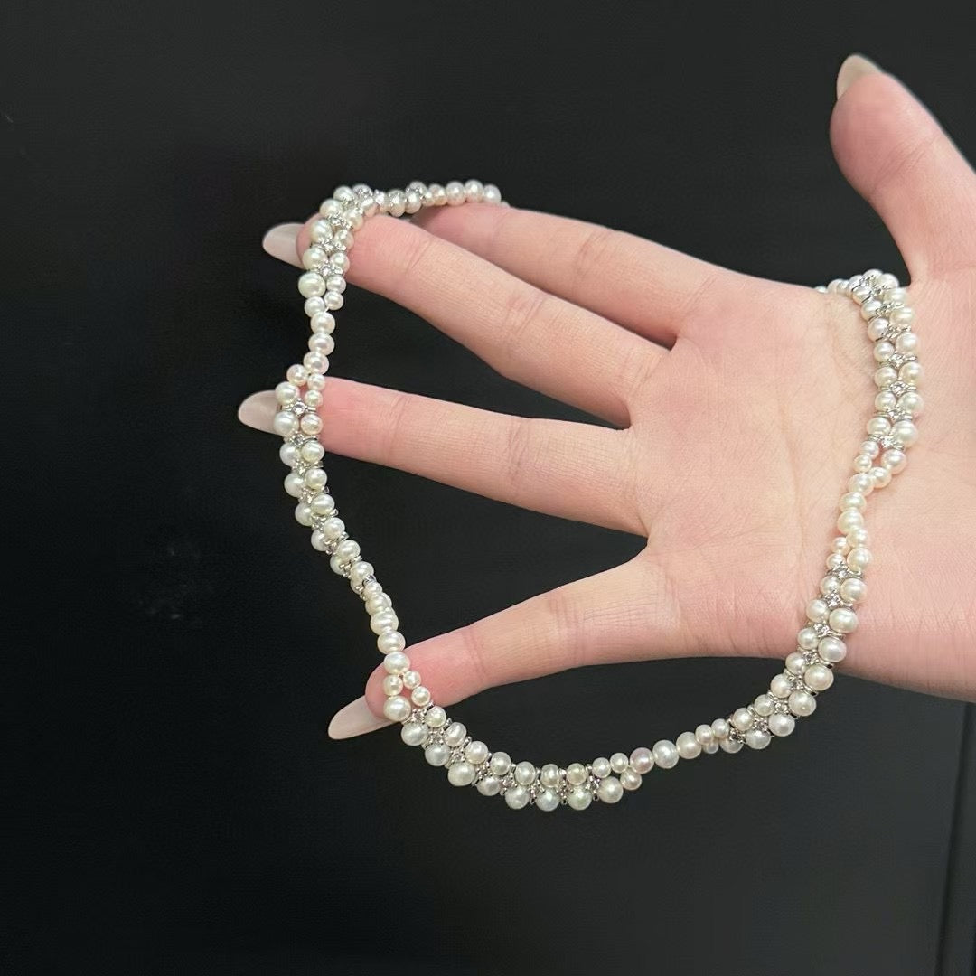 Floral wave design pearl necklace handcrafted with 3–5mm high-quality freshwater pearls, elegant artisan jewelry piece