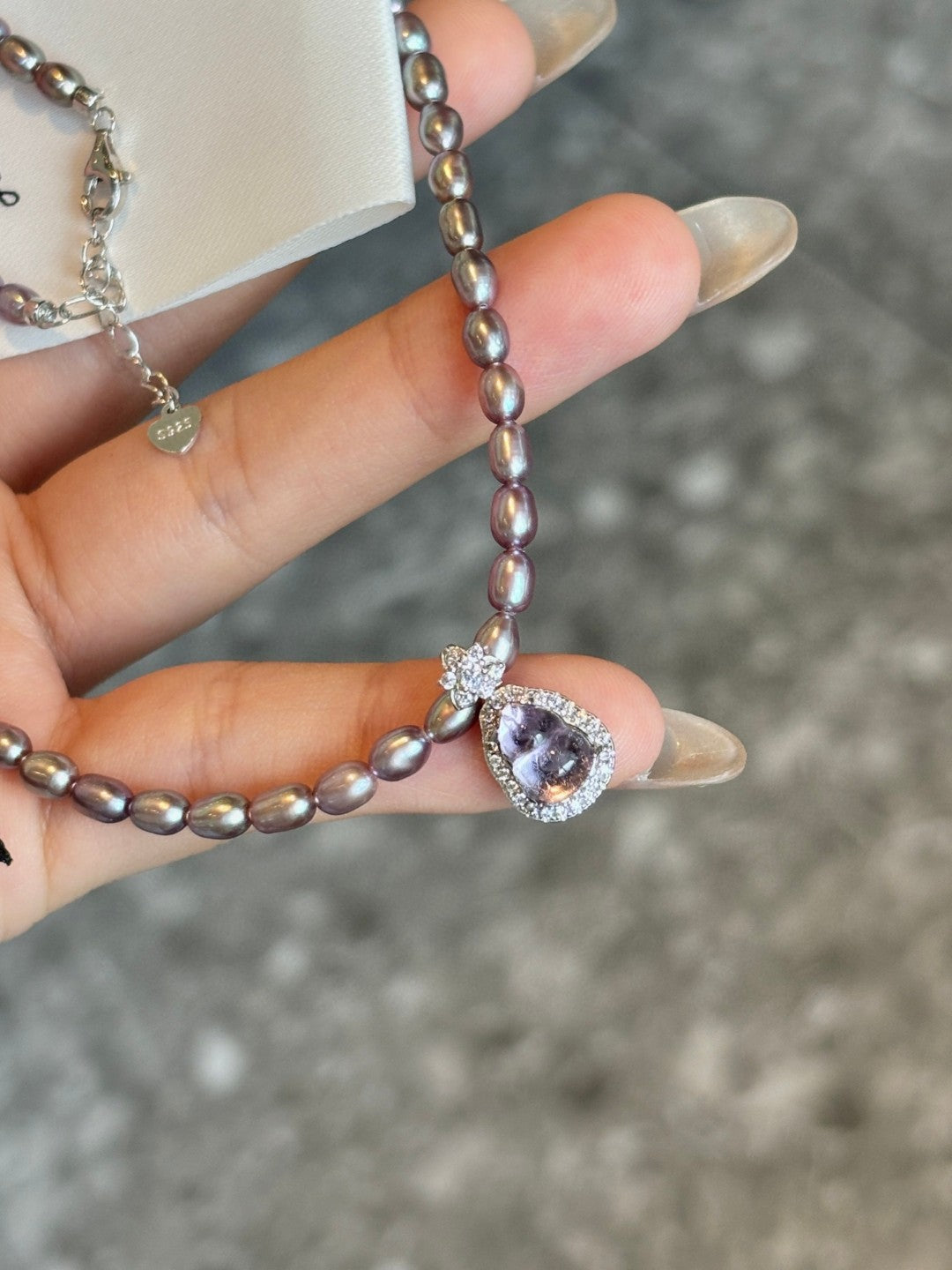 Sterling silver amethyst gourd pendant necklace with small freshwater pearls