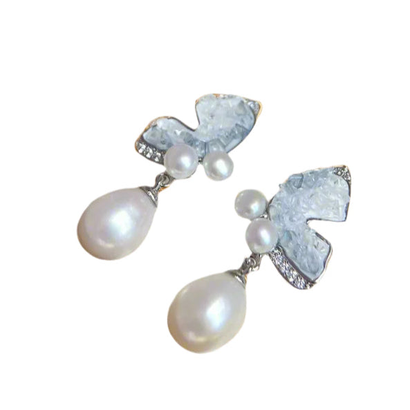 Butterfly-themed earrings with multi-pearl drop design and gold-filled finish