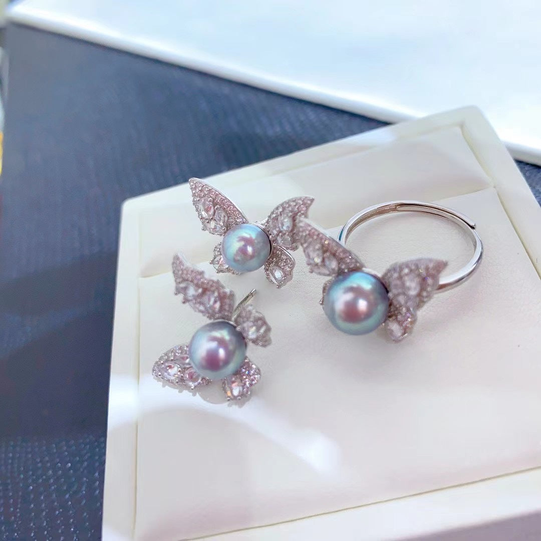 Butterfly Akoya Blue Pearl Jewelry Set – Stud Earrings & Ring