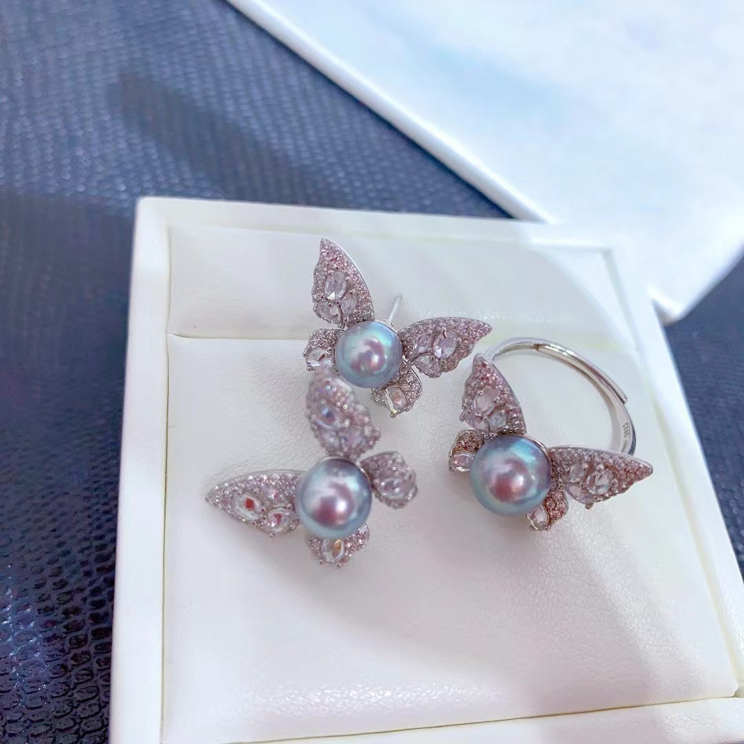 Butterfly Akoya Blue Pearl Jewelry Set – Stud Earrings & Ring