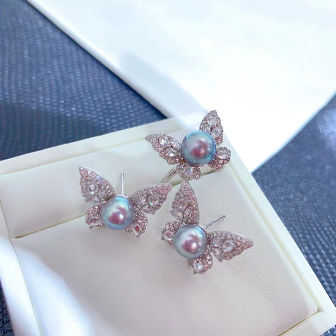 Butterfly Akoya Blue Pearl Jewelry Set – Stud Earrings & Ring