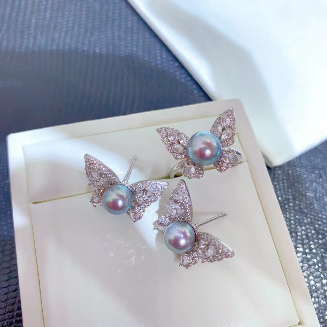 Butterfly Akoya Blue Pearl Jewelry Set – Stud Earrings & Ring