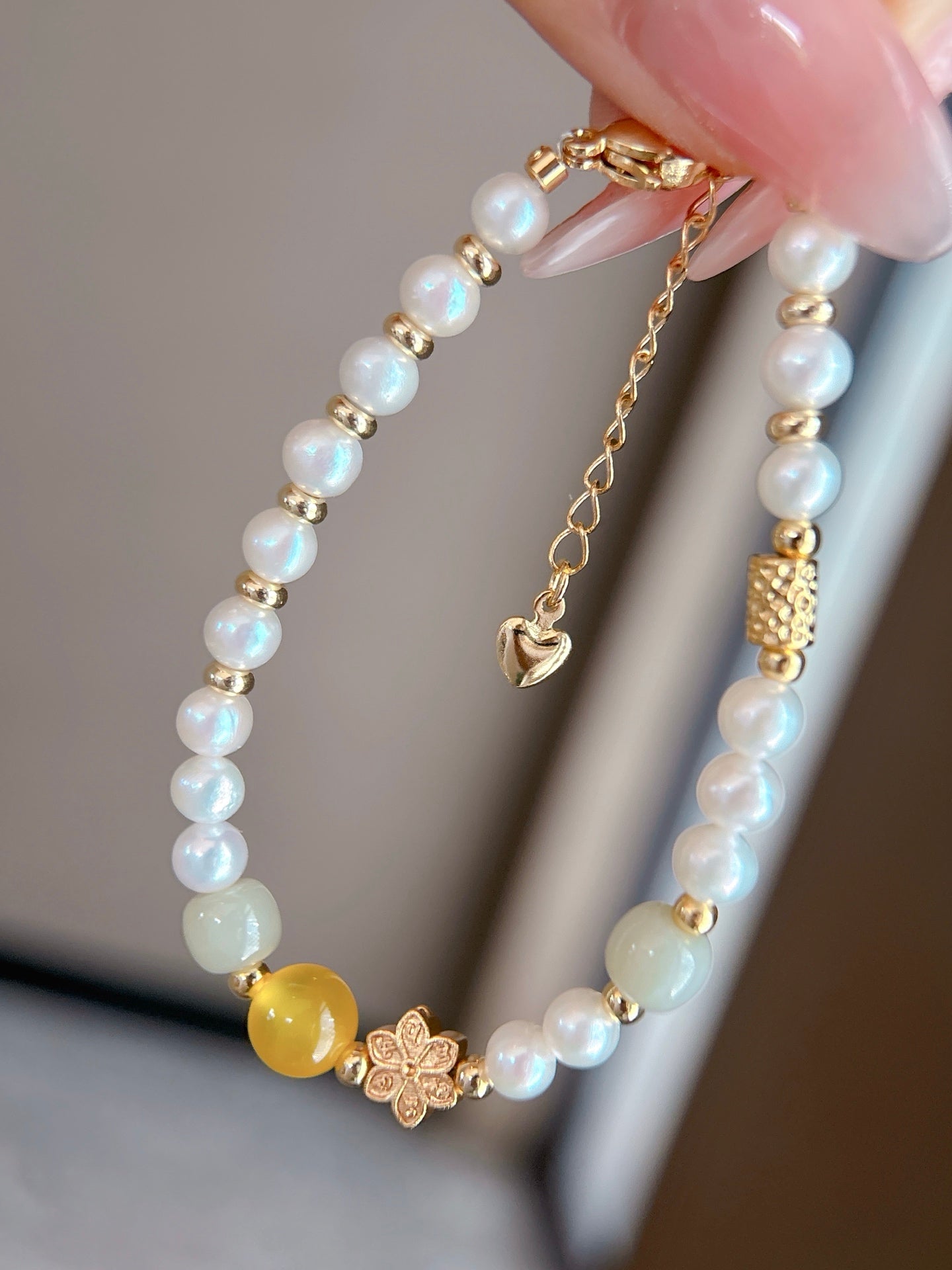 Close-up of natural pearls and sparkling crystal accents