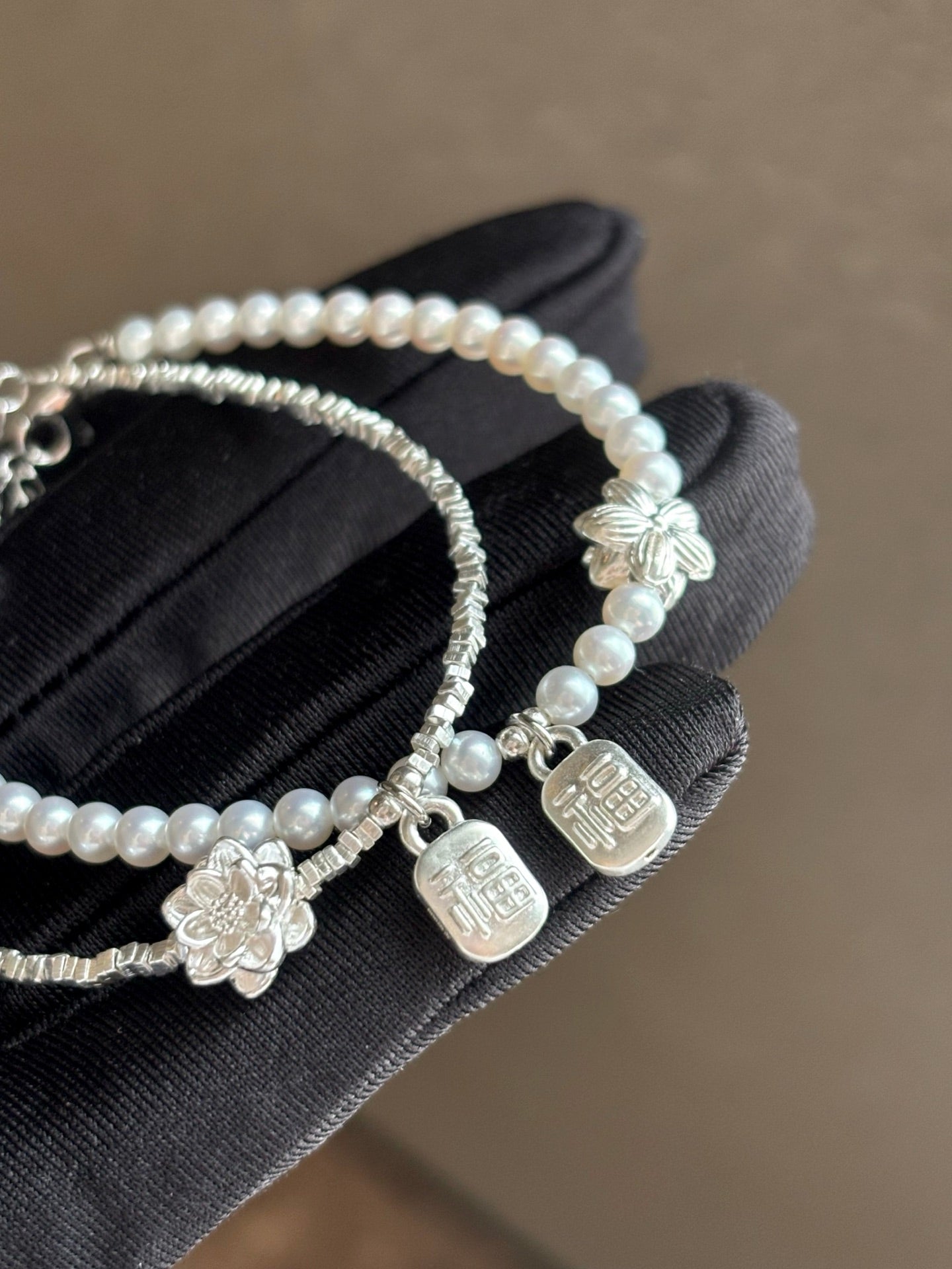 Sterling silver bracelet with lotus flower and blessing 福 charm