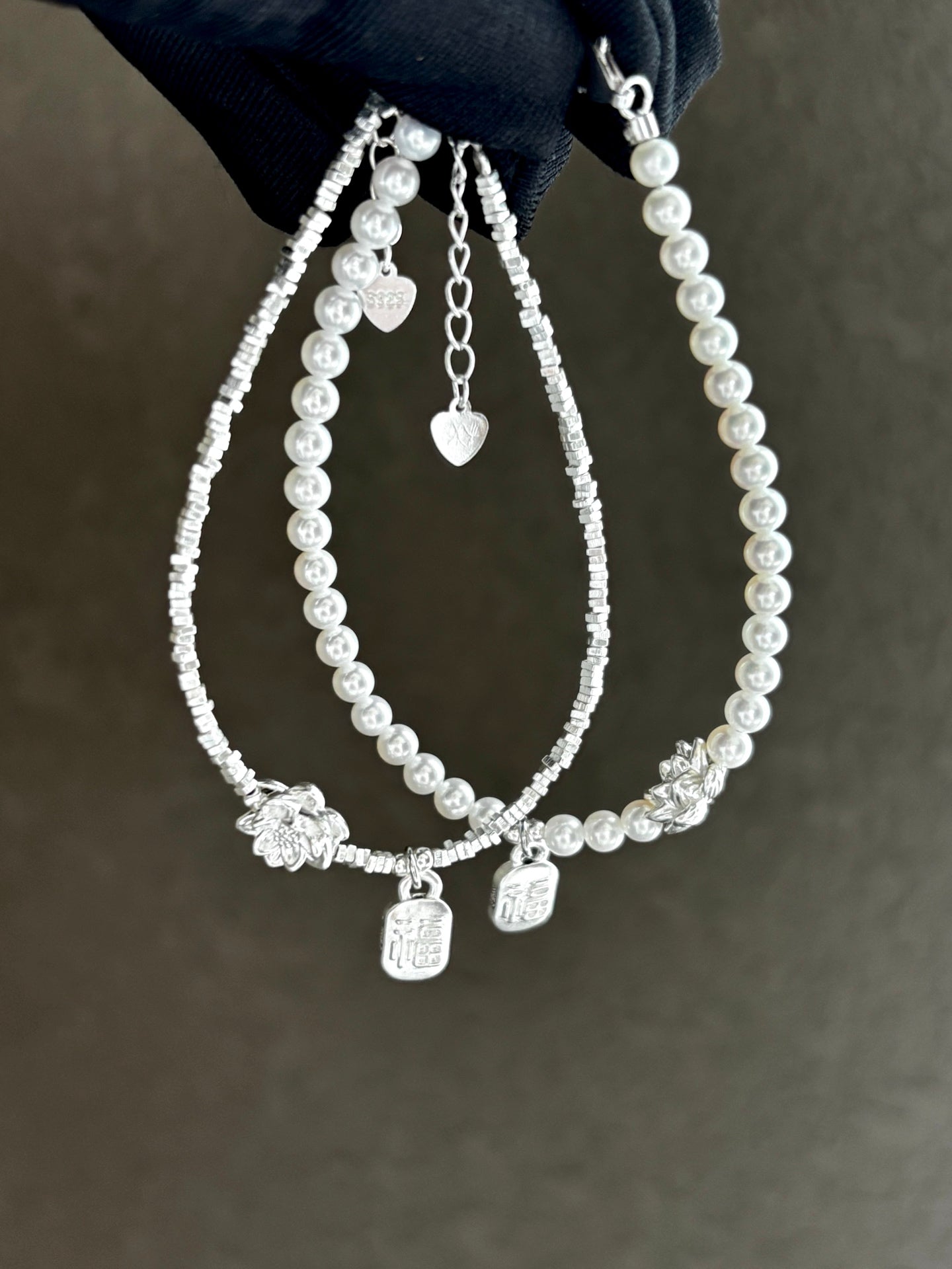 Sterling silver bracelet with lotus flower and blessing 福 charm