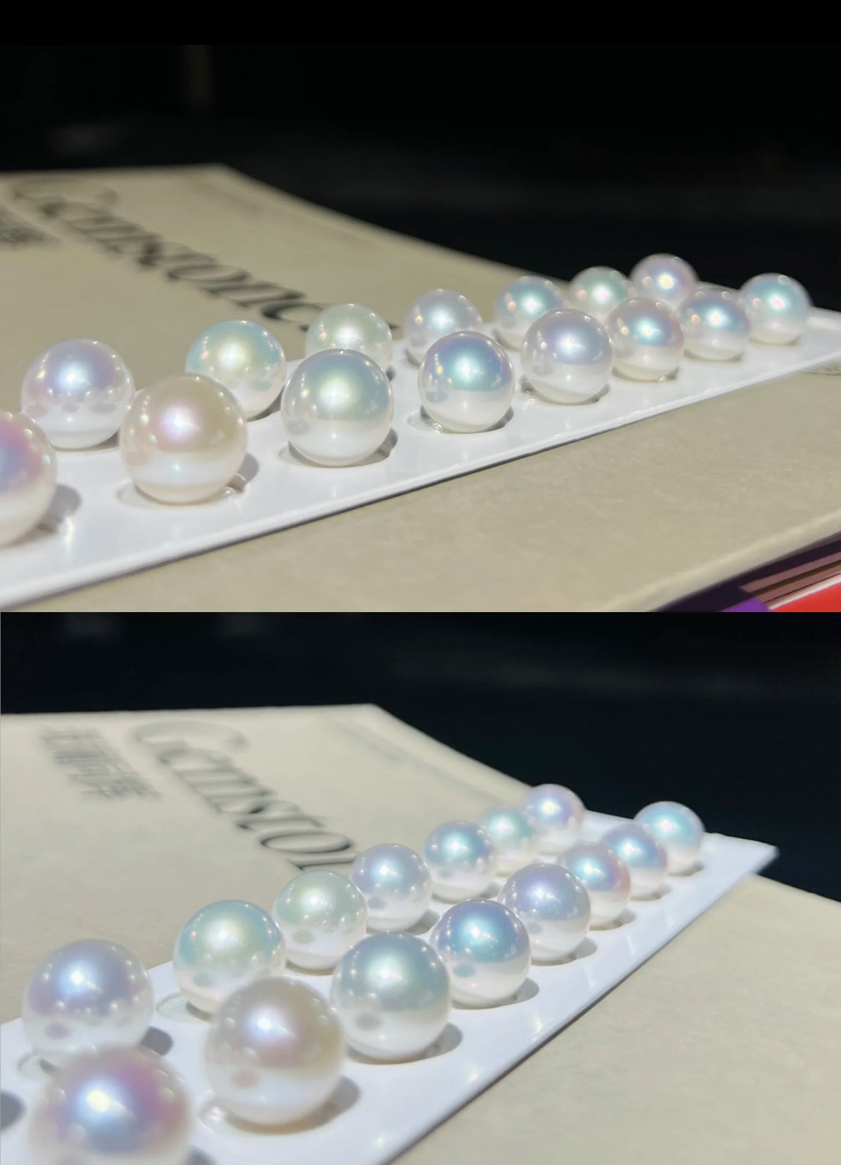 Close-up of a cool white, round Edison freshwater pearl with high luster