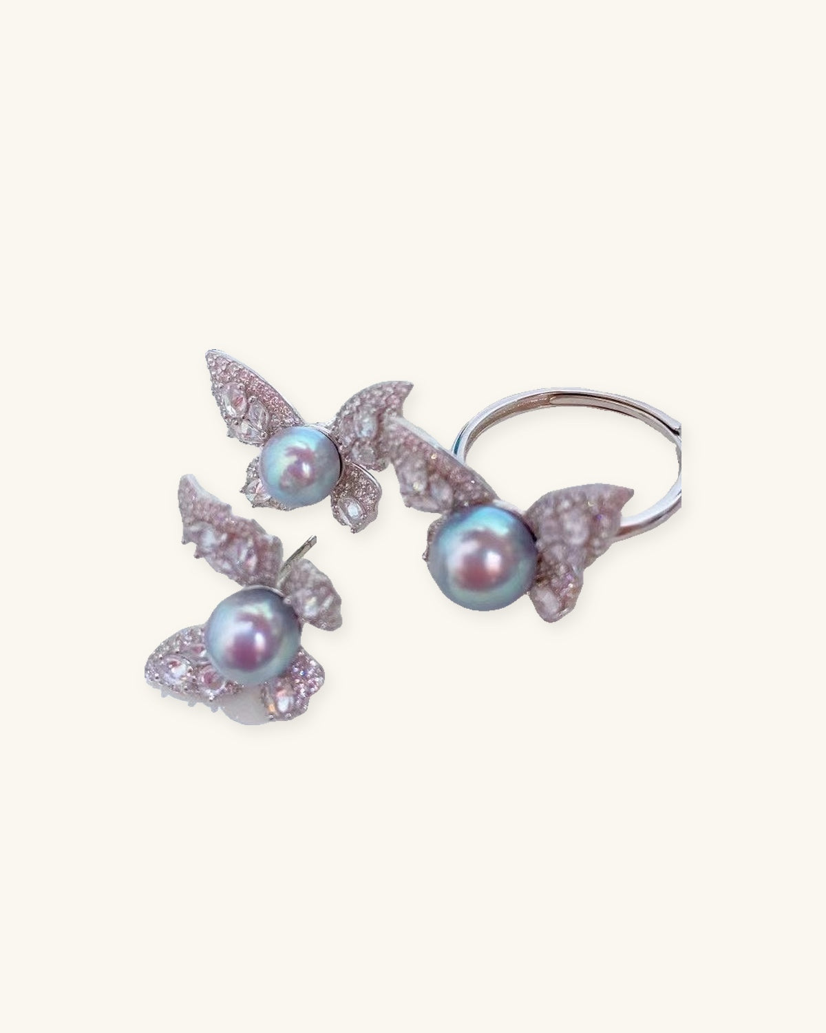 Butterfly Akoya Blue Pearl Jewelry Set – Stud Earrings & Ring