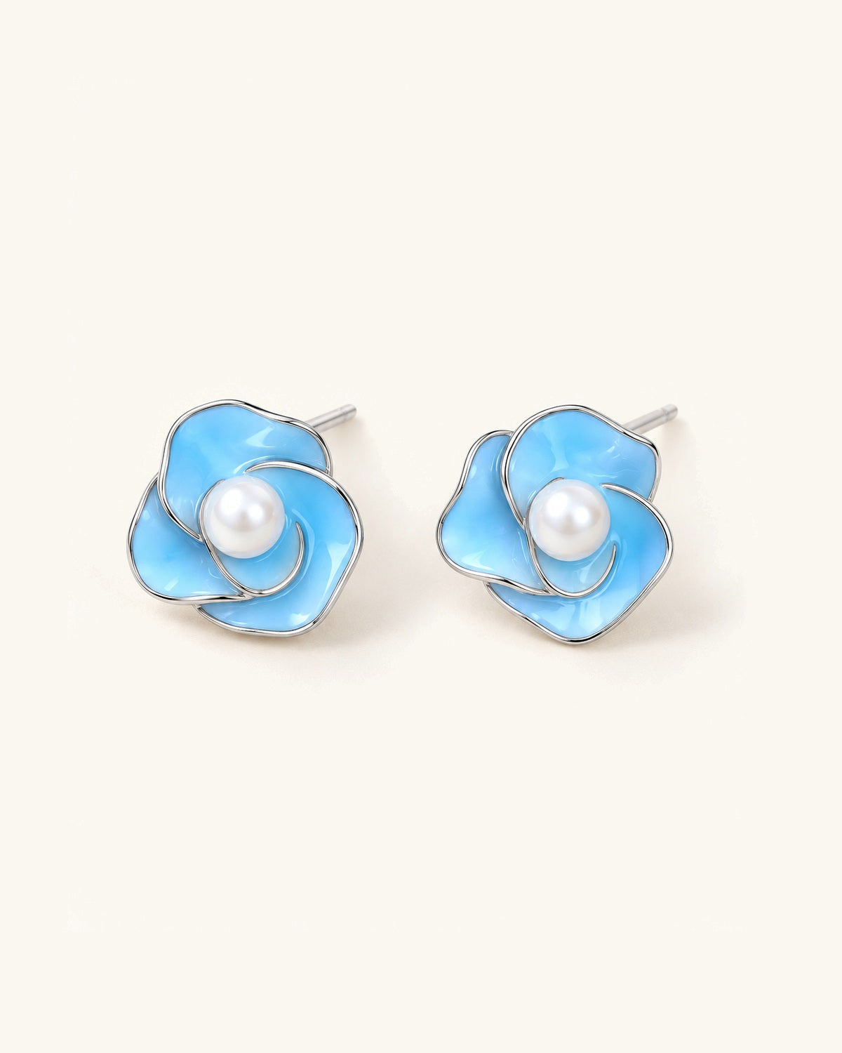 Dewdrop Camellia – Pearl Enamel Stud Earrings