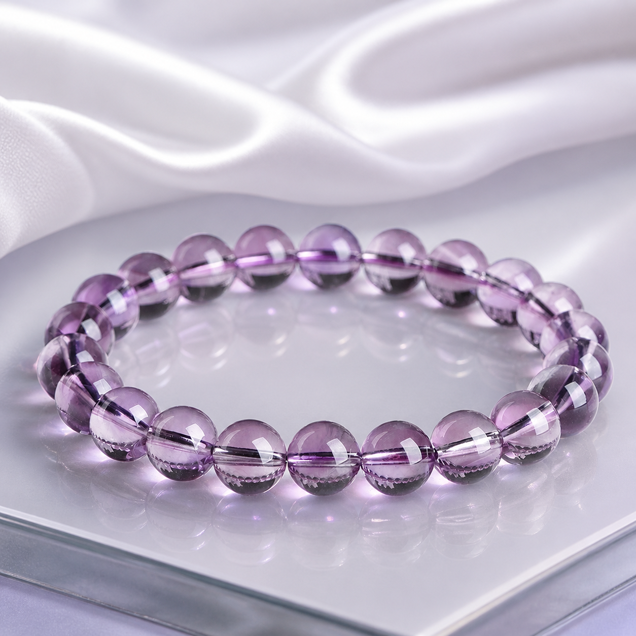 Light amethyst beaded bracelet in a product-only studio setting