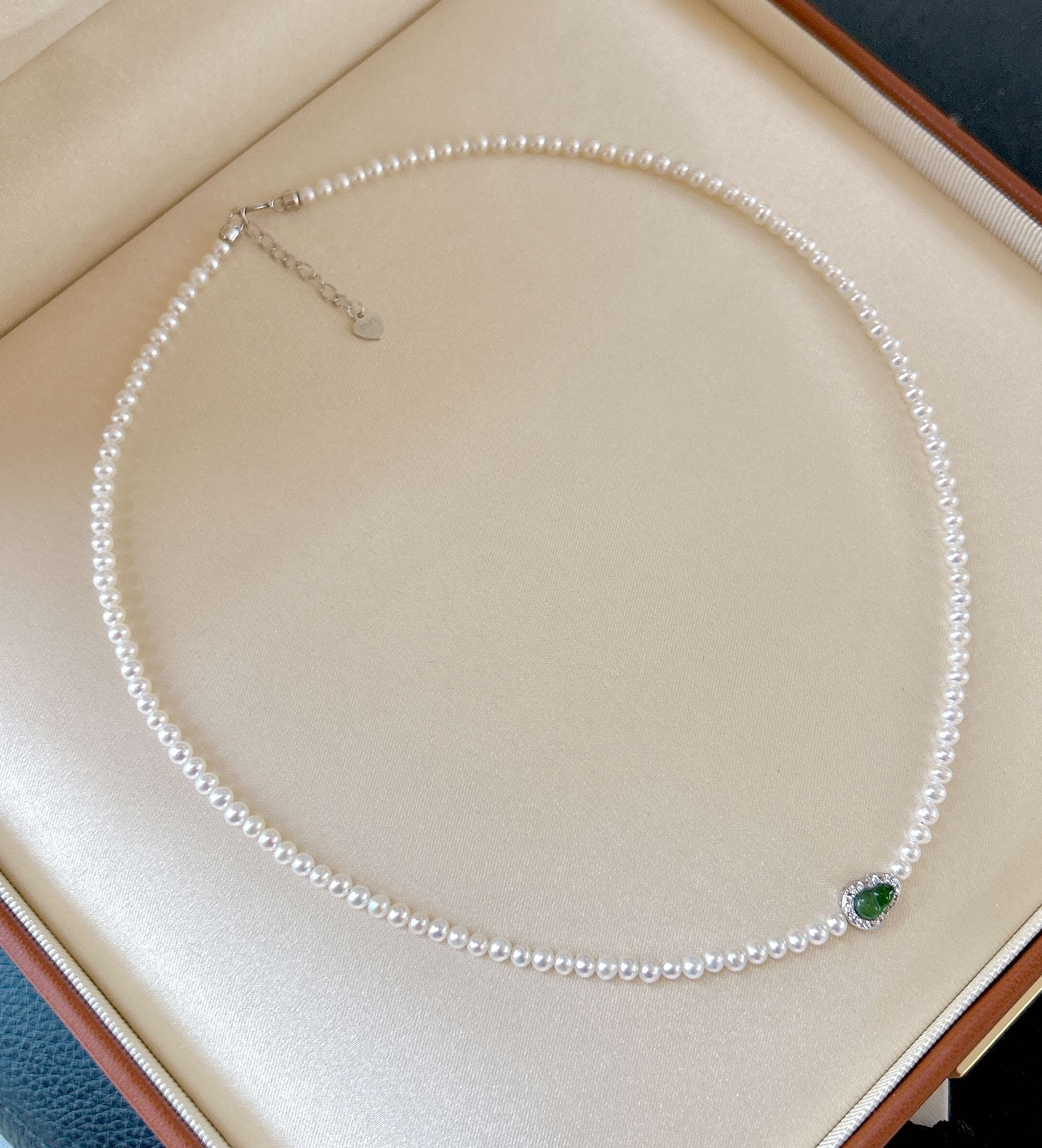 Glacier blue jade gourd pearl necklace with freshwater pearls and sterling silver chain