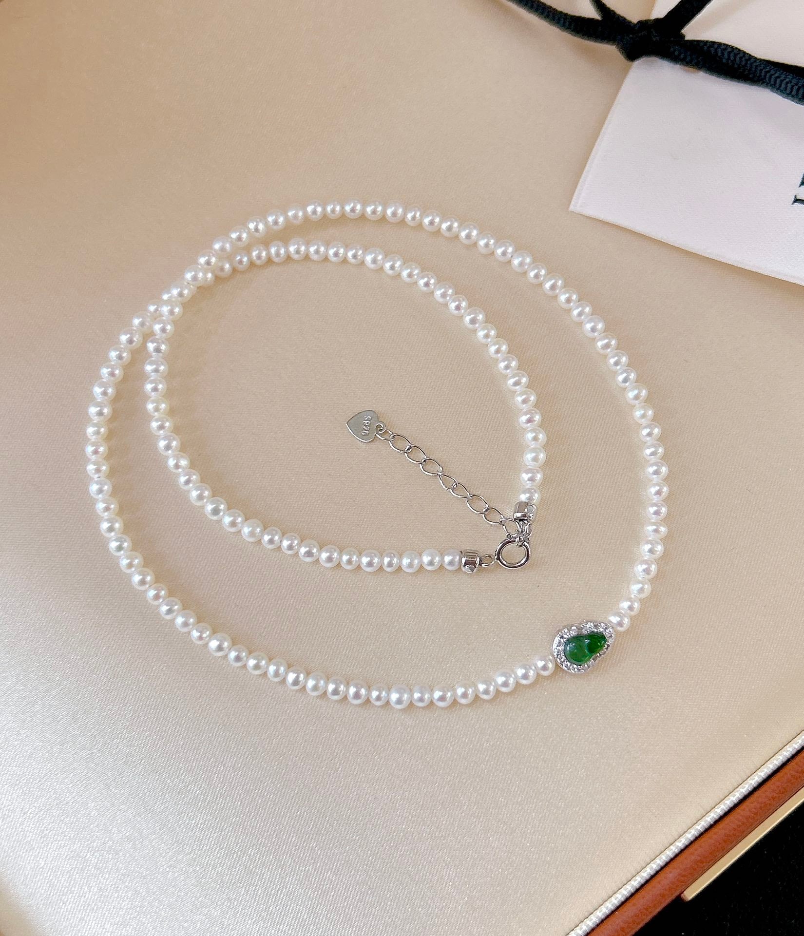Glacier blue jade gourd pearl necklace with freshwater pearls and sterling silver chain