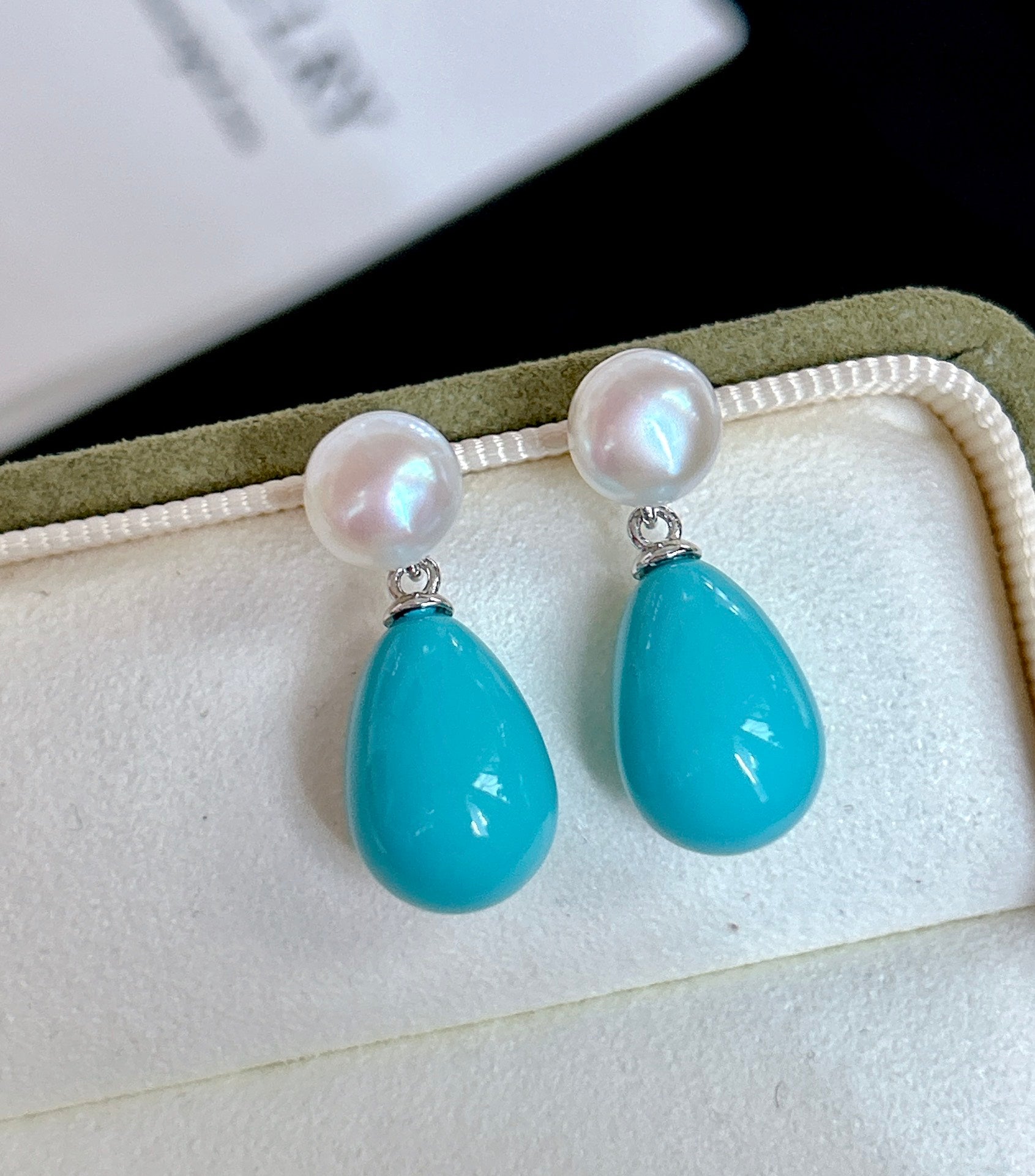 Turquoise and freshwater pearl stud earrings with sterling silver backing
