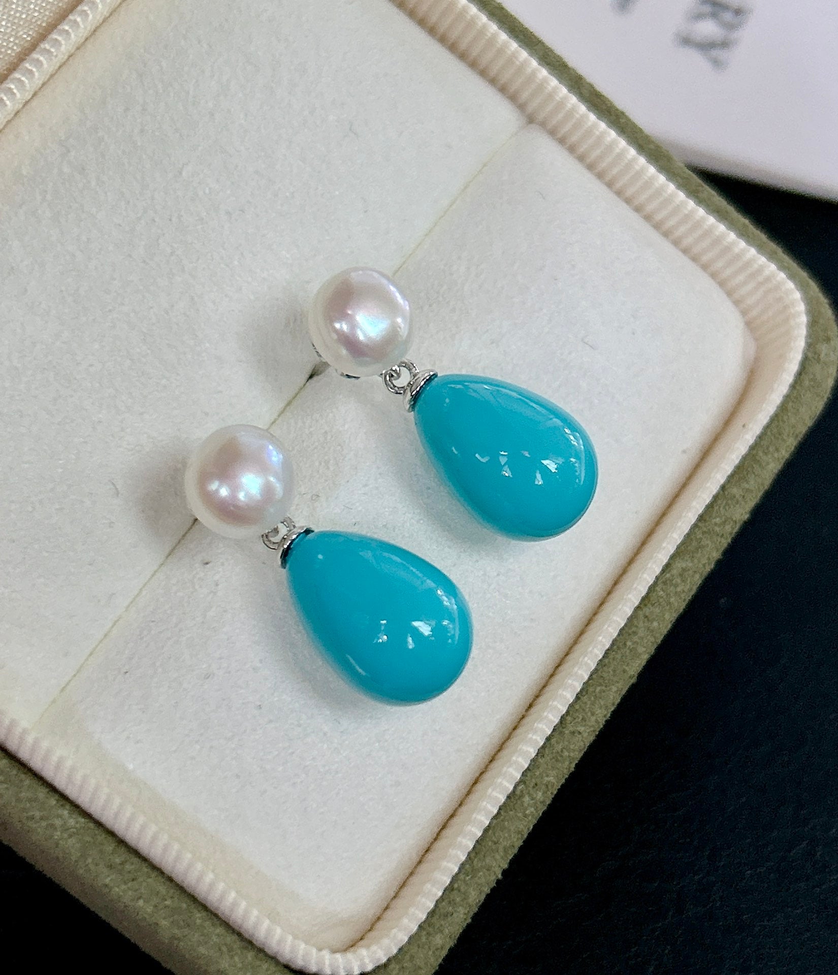 Turquoise and freshwater pearl stud earrings with sterling silver backing