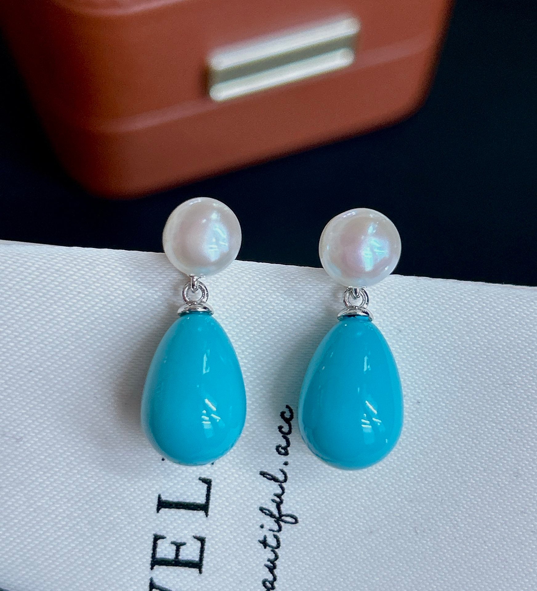 Turquoise and freshwater pearl stud earrings with sterling silver backing