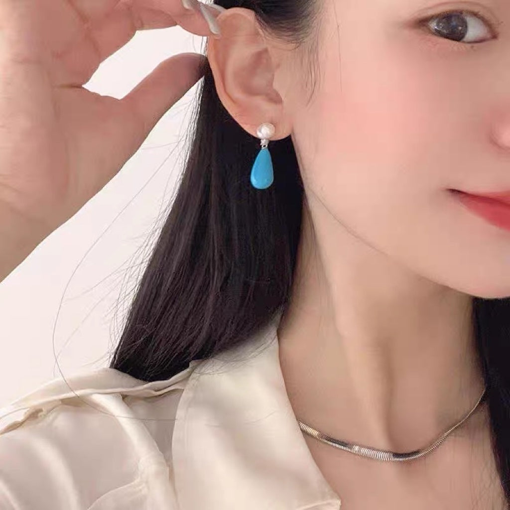 Turquoise and freshwater pearl stud earrings with sterling silver backing
