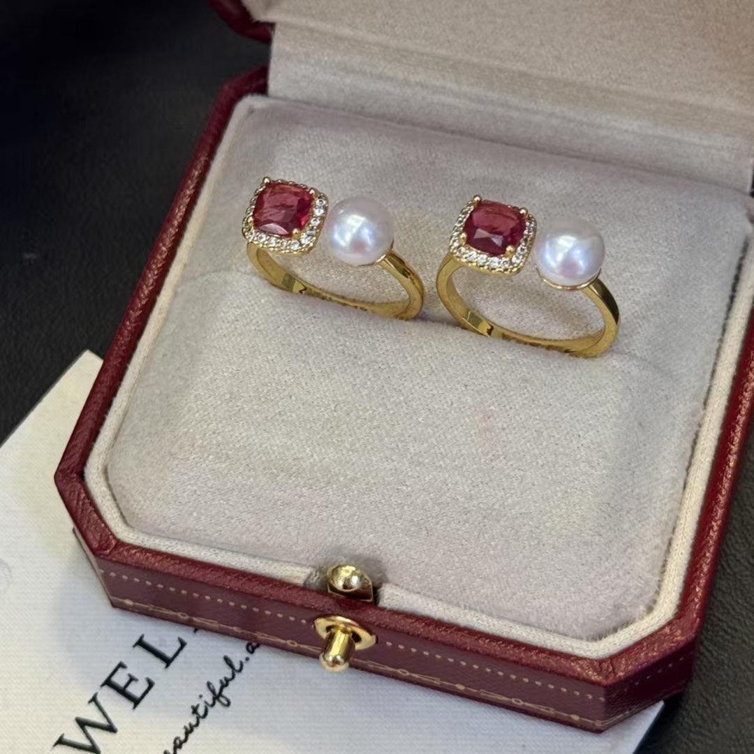 Ruby-inspired gold ring with a freshwater pearl centerpiece