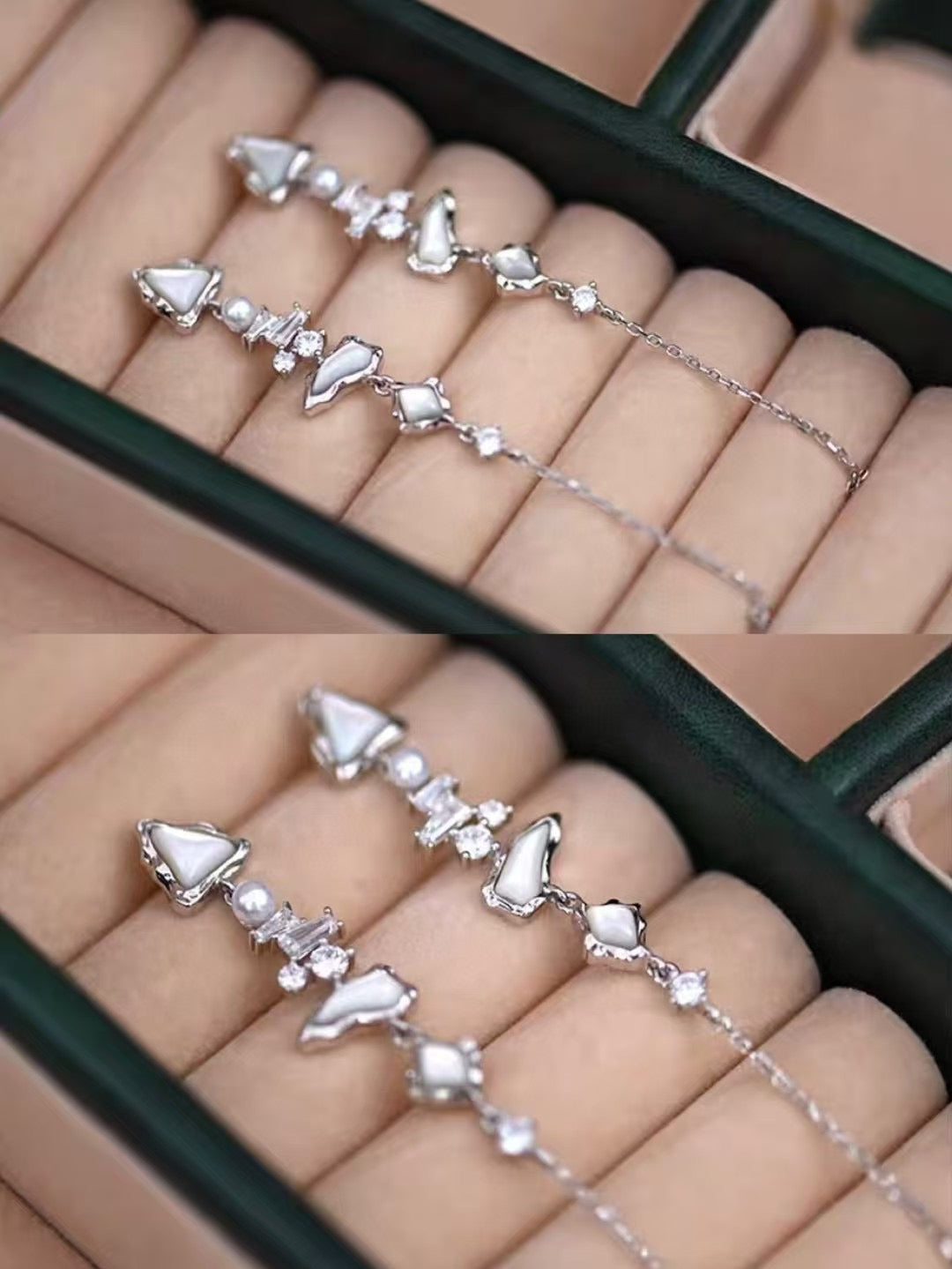 Glacier Cascade earrings with freshwater pearls, inspired by iceflow and cascading glacier forms.