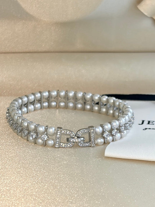 Double row freshwater pearl bracelet with zircon and custom clasp